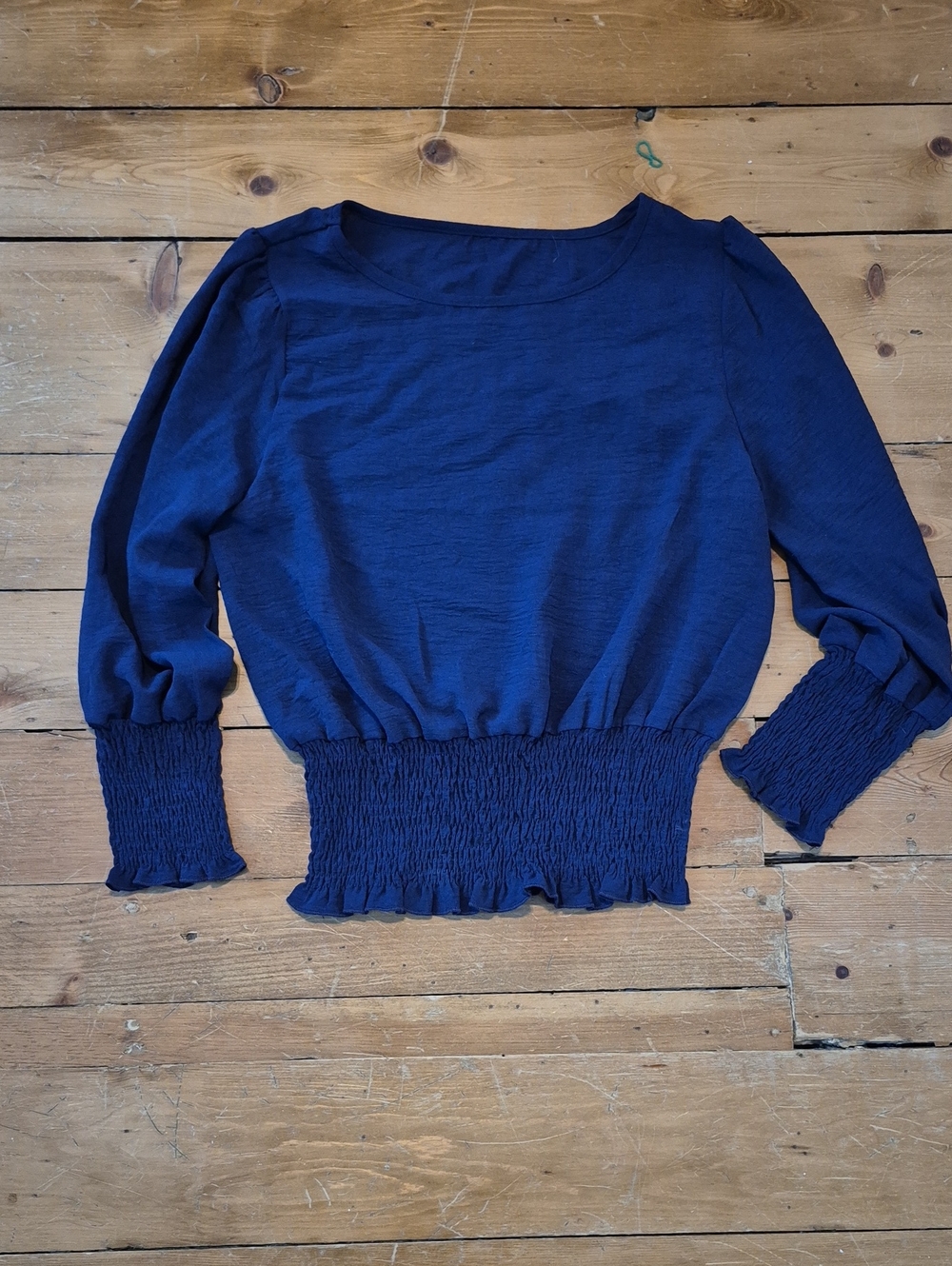 SHEIN Navy Blue Smocked Hem Long Sleeve Blouse
